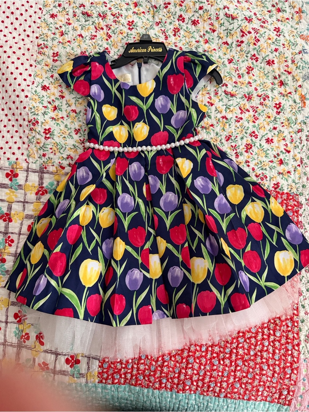 American Princess Navy Tulip Print Party Dress with Pearl Belt